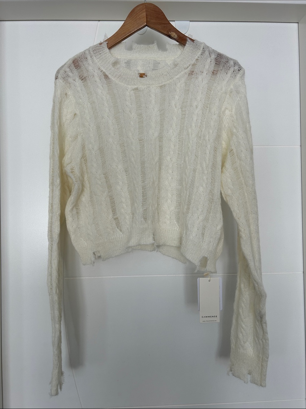 Commense Distressed Cream Cable Knit Cropped Crewneck Sweater